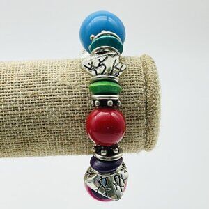 Colorful Chunky Bead Stretch Bracelet Bright Multi Tone Beads Silver Accents
